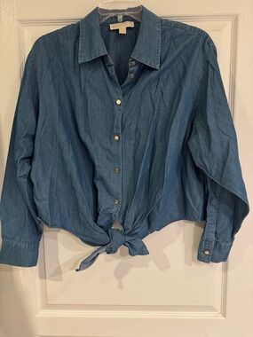 Michael Kors Denim Tie-Front Button-Down Shirt - Blue